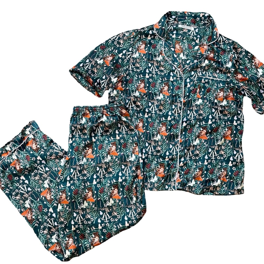 THEIR NIBS Women's Pajama Set L Green Shiny Forest Owl Floral Mushroom Butterfly